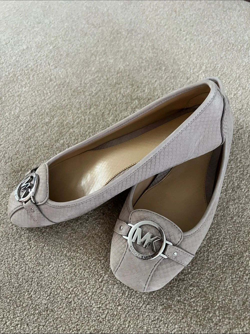Michael Kors Light Taupe Snake-Embossed MK Logo Flats